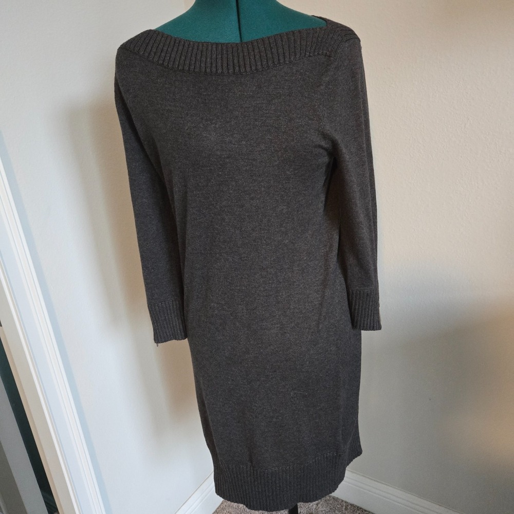 Michael Kors Sweater Dress Women Medium Gray Ribbed Boat Neck Zip Detail